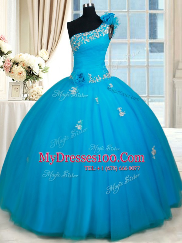 One Shoulder Baby Blue Sleeveless Beading and Appliques and Hand Made Flower Floor Length Ball Gown Prom Dress