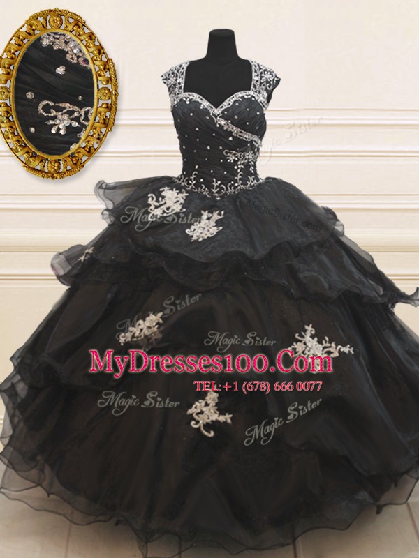 Black Zipper Strapless Beading and Appliques and Ruffles Sweet 16 Dress Organza Cap Sleeves