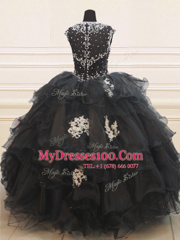 Black Zipper Strapless Beading and Appliques and Ruffles Sweet 16 Dress Organza Cap Sleeves