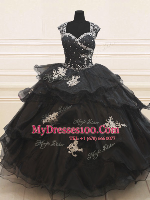 Black Zipper Strapless Beading and Appliques and Ruffles Sweet 16 Dress Organza Cap Sleeves