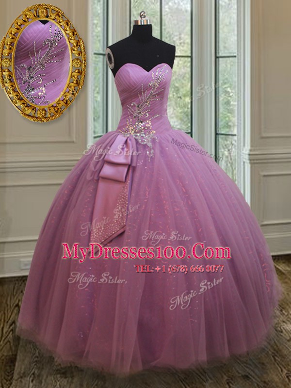 Graceful Lilac Lace Up Ball Gown Prom Dress Beading and Belt Sleeveless Floor Length