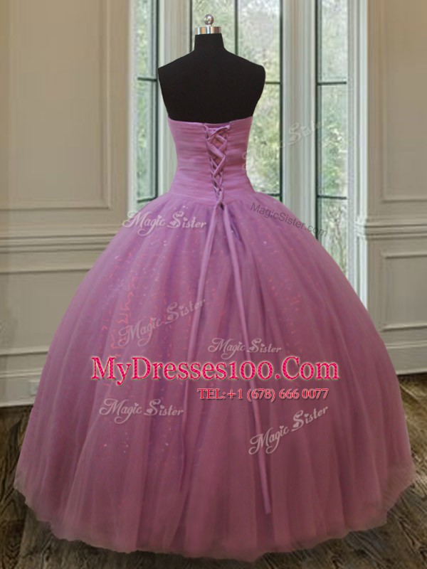 Graceful Lilac Lace Up Ball Gown Prom Dress Beading and Belt Sleeveless Floor Length