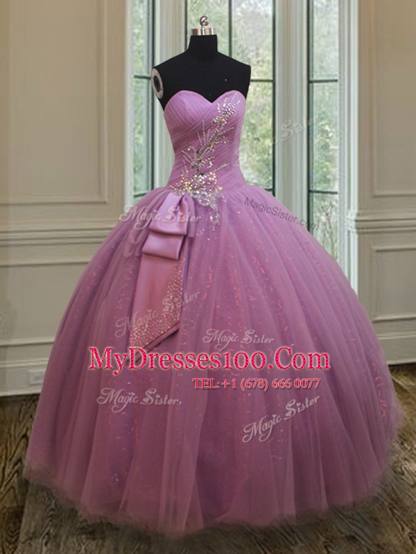 Graceful Lilac Lace Up Ball Gown Prom Dress Beading and Belt Sleeveless Floor Length
