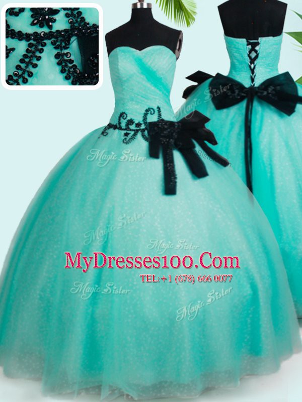 Nice Tulle Sleeveless Floor Length Quince Ball Gowns and Beading and Bowknot