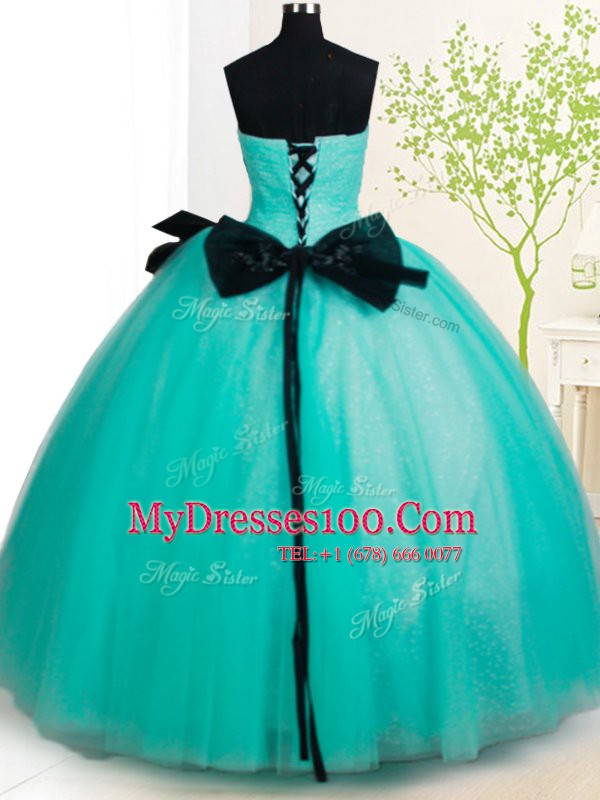 Nice Tulle Sleeveless Floor Length Quince Ball Gowns and Beading and Bowknot