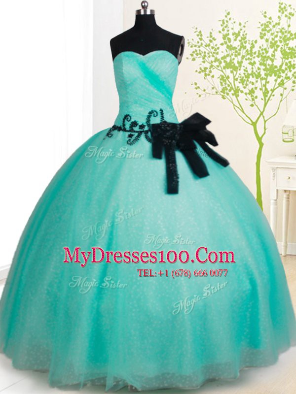 Nice Tulle Sleeveless Floor Length Quince Ball Gowns and Beading and Bowknot