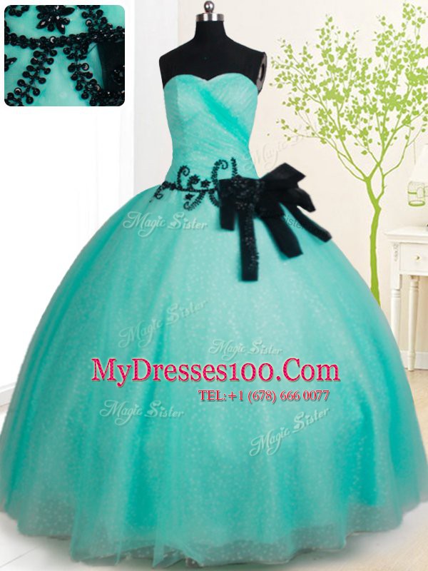 Nice Tulle Sleeveless Floor Length Quince Ball Gowns and Beading and Bowknot