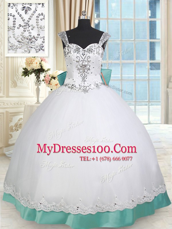 Delicate White and Green Ball Gowns Straps Sleeveless Taffeta and Tulle Floor Length Lace Up Beading and Lace and Bowknot Quinceanera Dress