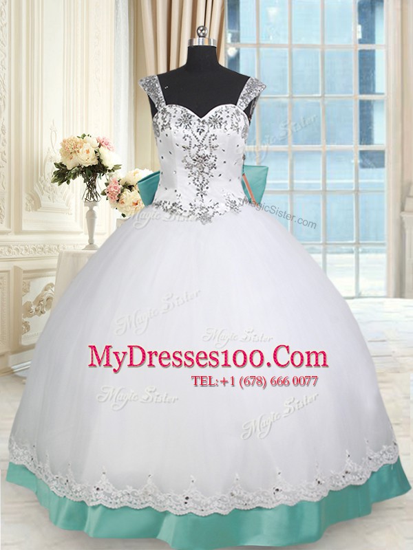 Delicate White and Green Ball Gowns Straps Sleeveless Taffeta and Tulle Floor Length Lace Up Beading and Lace and Bowknot Quinceanera Dress