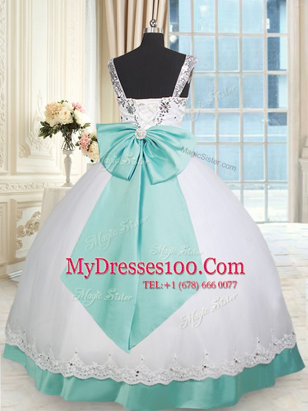 Delicate White and Green Ball Gowns Straps Sleeveless Taffeta and Tulle Floor Length Lace Up Beading and Lace and Bowknot Quinceanera Dress