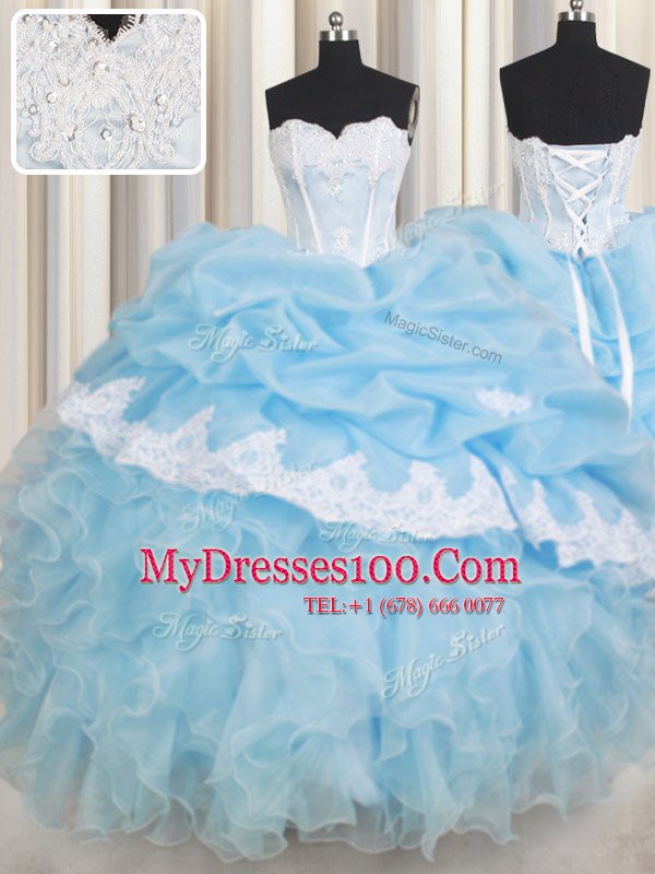 Light Blue Organza Lace Up 15th Birthday Dress Sleeveless Floor Length Beading and Lace and Ruffles and Pick Ups