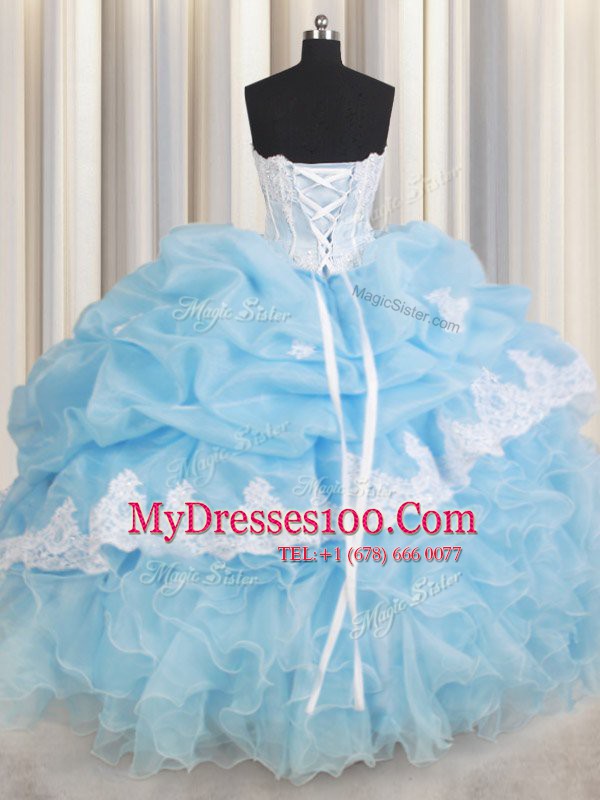 Light Blue Organza Lace Up 15th Birthday Dress Sleeveless Floor Length Beading and Lace and Ruffles and Pick Ups
