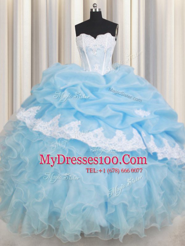 Light Blue Organza Lace Up 15th Birthday Dress Sleeveless Floor Length Beading and Lace and Ruffles and Pick Ups