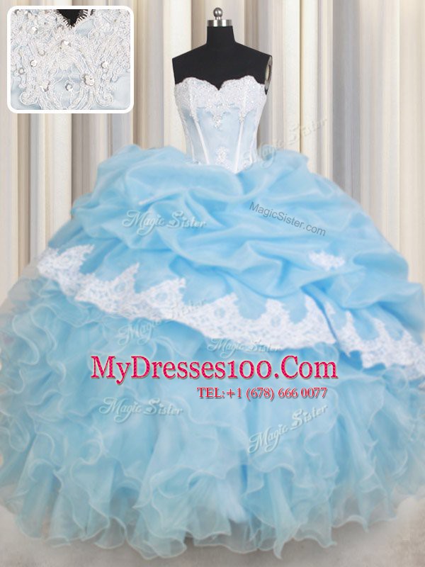 Light Blue Organza Lace Up 15th Birthday Dress Sleeveless Floor Length Beading and Lace and Ruffles and Pick Ups