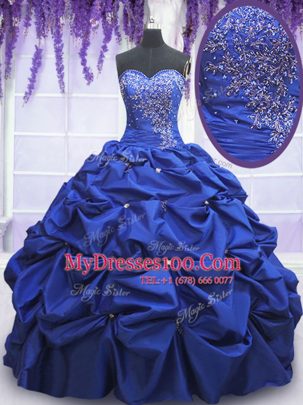 Royal Blue Taffeta Lace Up Quinceanera Dress Sleeveless Floor Length Beading and Pick Ups