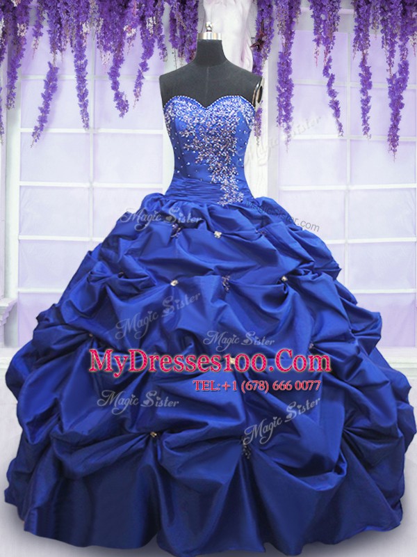 Royal Blue Taffeta Lace Up Quinceanera Dress Sleeveless Floor Length Beading and Pick Ups