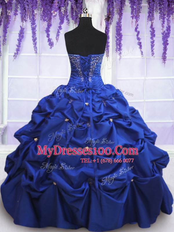 Royal Blue Taffeta Lace Up Quinceanera Dress Sleeveless Floor Length Beading and Pick Ups