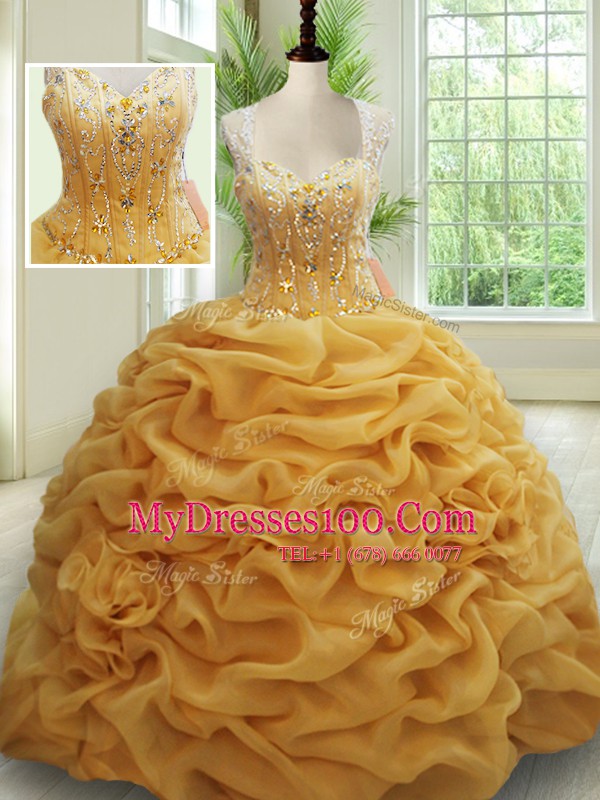 Spectacular Straps Pick Ups Gold Sleeveless Organza Brush Train Zipper Sweet 16 Quinceanera Dress for Military Ball and Sweet 16 and Quinceanera