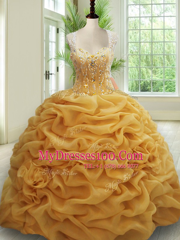 Spectacular Straps Pick Ups Gold Sleeveless Organza Brush Train Zipper Sweet 16 Quinceanera Dress for Military Ball and Sweet 16 and Quinceanera