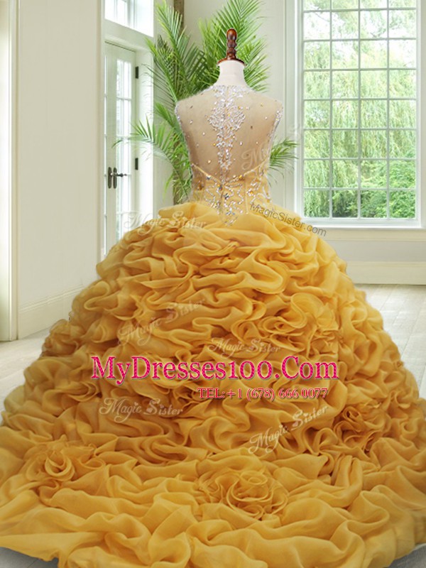 Spectacular Straps Pick Ups Gold Sleeveless Organza Brush Train Zipper Sweet 16 Quinceanera Dress for Military Ball and Sweet 16 and Quinceanera