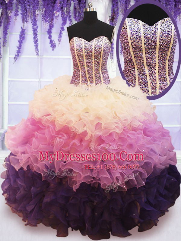 Sleeveless Floor Length Beading and Ruffled Layers Lace Up Quinceanera Dresses with Multi-color