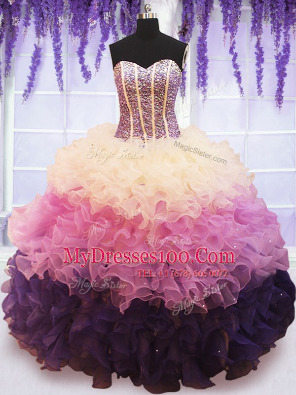Sleeveless Floor Length Beading and Ruffled Layers Lace Up Quinceanera Dresses with Multi-color