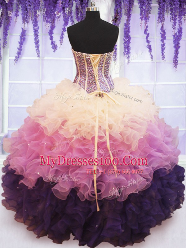 Sleeveless Floor Length Beading and Ruffled Layers Lace Up Quinceanera Dresses with Multi-color