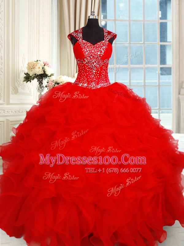 Red Backless Sweet 16 Quinceanera Dress Beading and Ruffles Cap Sleeves Floor Length