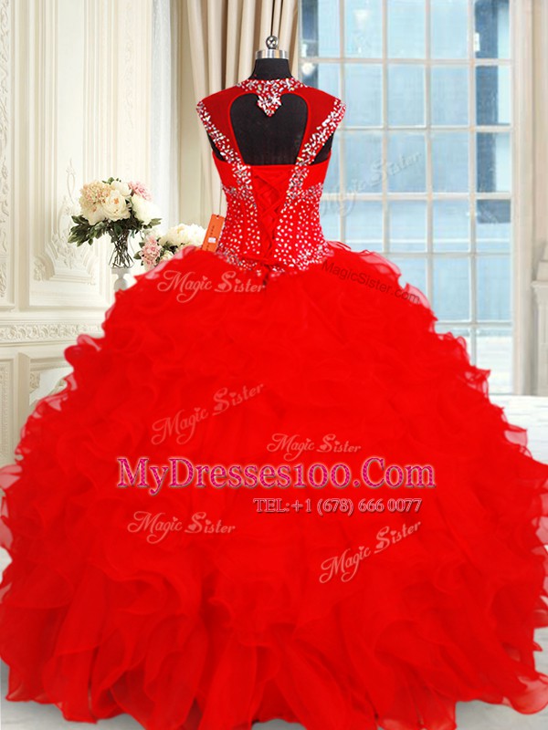Red Backless Sweet 16 Quinceanera Dress Beading and Ruffles Cap Sleeves Floor Length