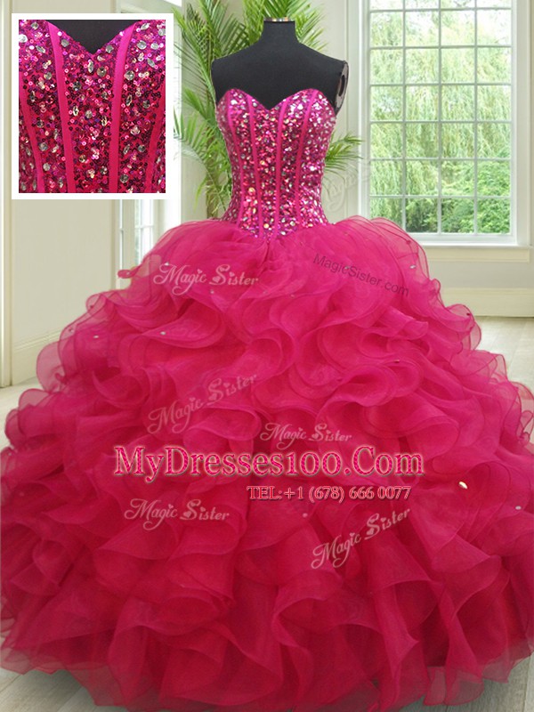 Suitable Floor Length Lace Up 15 Quinceanera Dress Fuchsia for Military Ball and Sweet 16 and Quinceanera with Beading and Ruffles