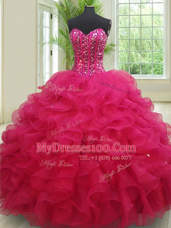 Suitable Floor Length Lace Up 15 Quinceanera Dress Fuchsia for Military Ball and Sweet 16 and Quinceanera with Beading and Ruffles