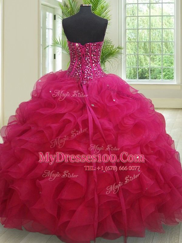 Suitable Floor Length Lace Up 15 Quinceanera Dress Fuchsia for Military Ball and Sweet 16 and Quinceanera with Beading and Ruffles