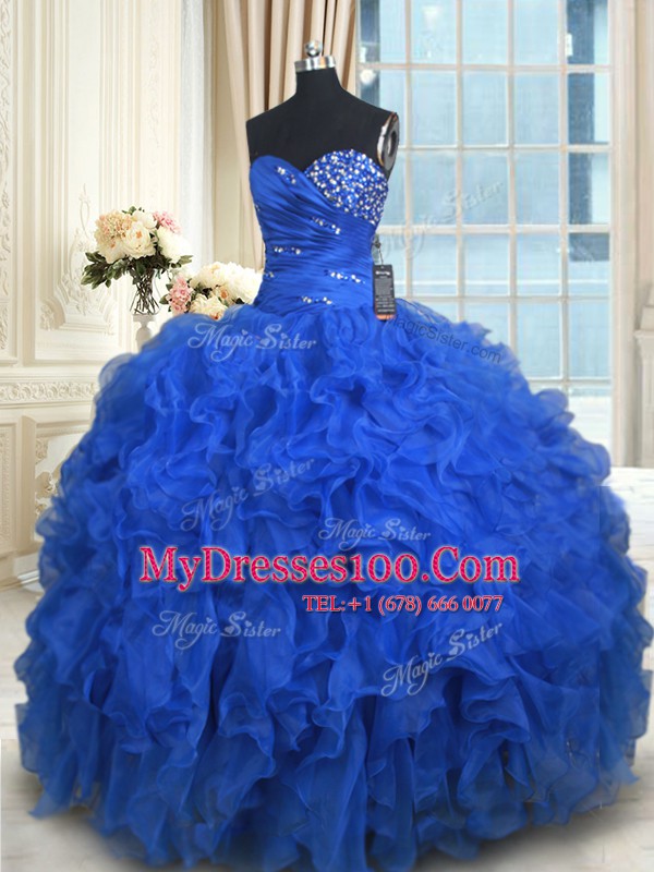 Fantastic Floor Length Lace Up Sweet 16 Quinceanera Dress Royal Blue for Military Ball and Sweet 16 and Quinceanera with Beading and Ruffles