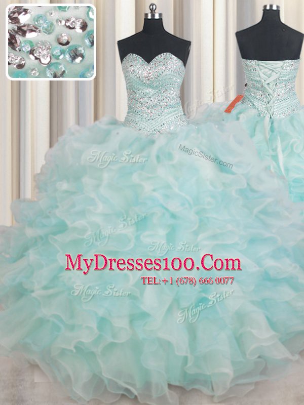 Simple Light Blue Sweetheart Neckline Beading and Ruffles 15 Quinceanera Dress Sleeveless Lace Up