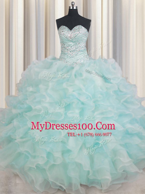 Simple Light Blue Sweetheart Neckline Beading and Ruffles 15 Quinceanera Dress Sleeveless Lace Up