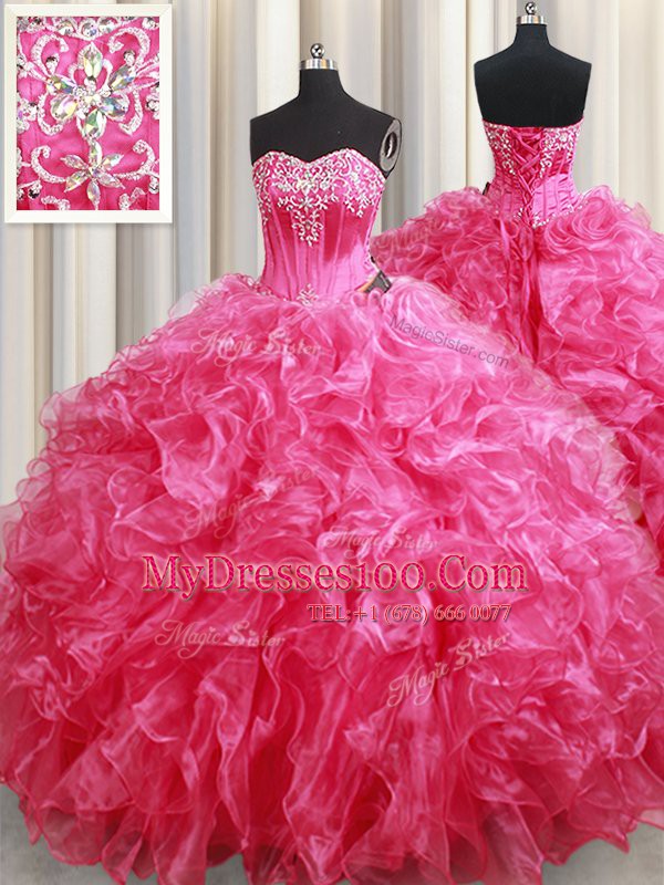 Sophisticated With Train Lace Up Ball Gown Prom Dress Hot Pink for Military Ball and Sweet 16 and Quinceanera with Beading and Ruffles Brush Train