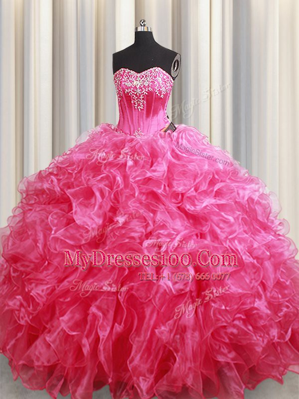Sophisticated With Train Lace Up Ball Gown Prom Dress Hot Pink for Military Ball and Sweet 16 and Quinceanera with Beading and Ruffles Brush Train