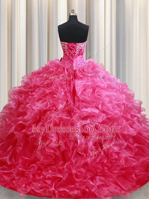 Sophisticated With Train Lace Up Ball Gown Prom Dress Hot Pink for Military Ball and Sweet 16 and Quinceanera with Beading and Ruffles Brush Train