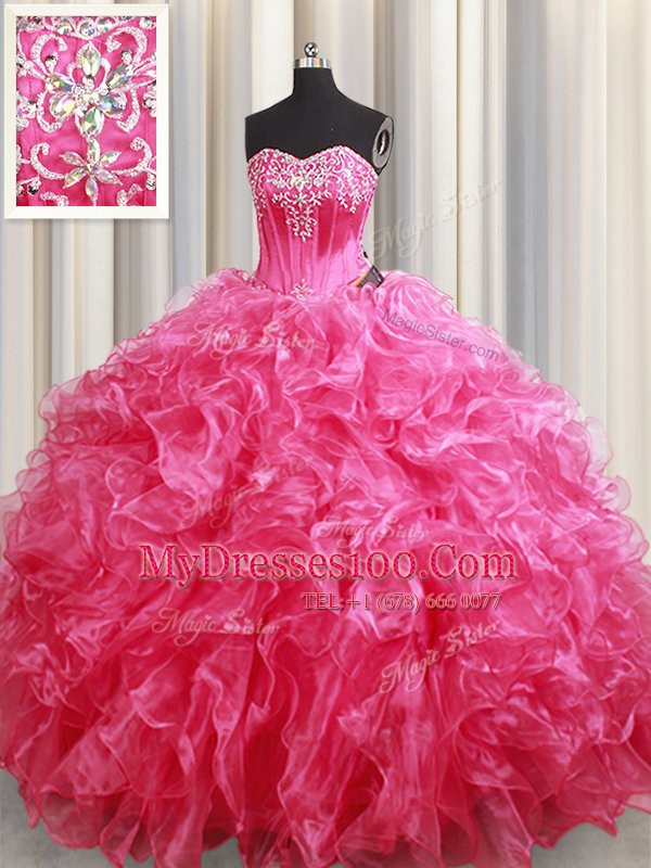 Sophisticated With Train Lace Up Ball Gown Prom Dress Hot Pink for Military Ball and Sweet 16 and Quinceanera with Beading and Ruffles Brush Train
