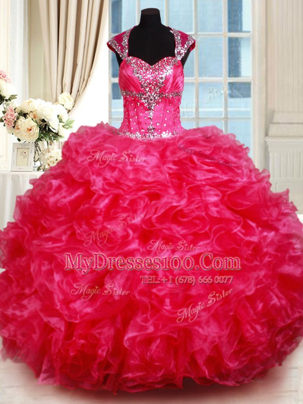 Cap Sleeves Beading and Ruffles Backless Sweet 16 Dress