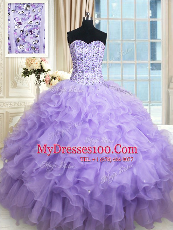 Sweetheart Sleeveless 15 Quinceanera Dress Floor Length Beading and Ruffles Lavender Organza