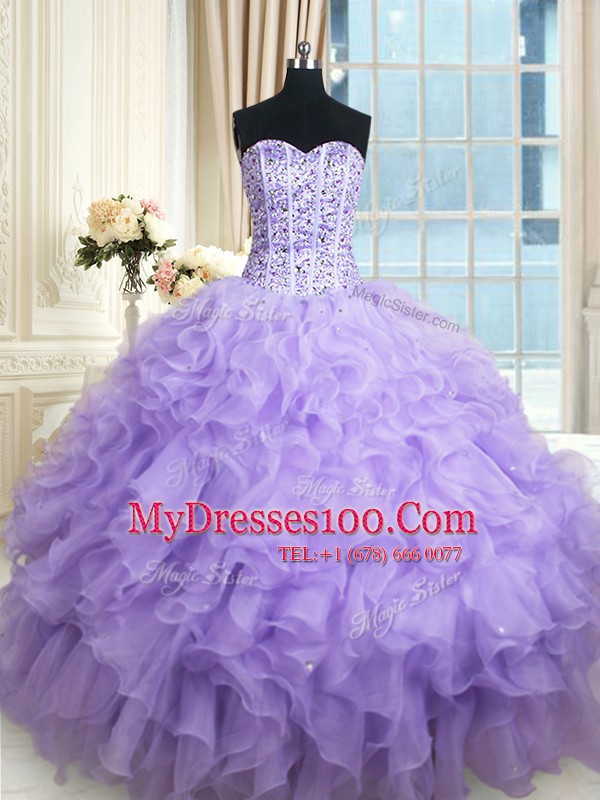 Sweetheart Sleeveless 15 Quinceanera Dress Floor Length Beading and Ruffles Lavender Organza