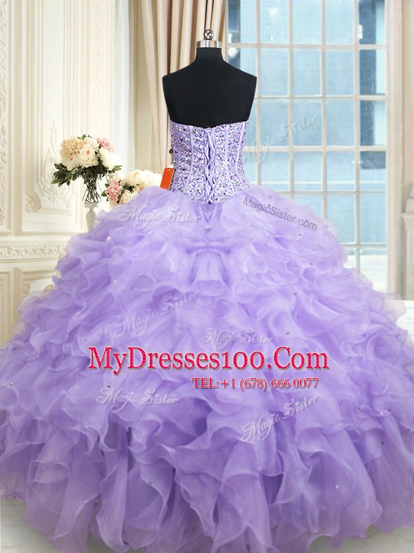 Sweetheart Sleeveless 15 Quinceanera Dress Floor Length Beading and Ruffles Lavender Organza