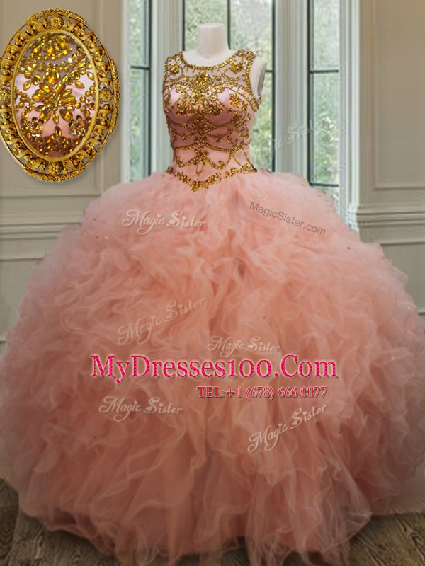 New Style Scoop See Through Peach Sleeveless Tulle Lace Up Vestidos de Quinceanera for Military Ball and Sweet 16 and Quinceanera