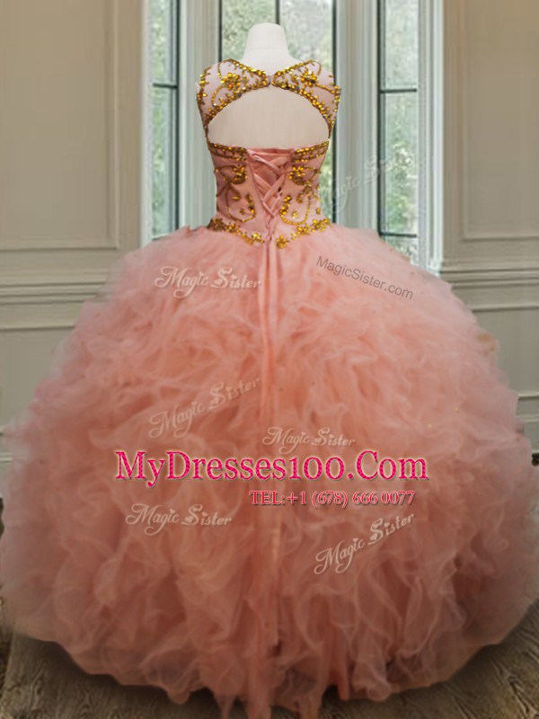 New Style Scoop See Through Peach Sleeveless Tulle Lace Up Vestidos de Quinceanera for Military Ball and Sweet 16 and Quinceanera