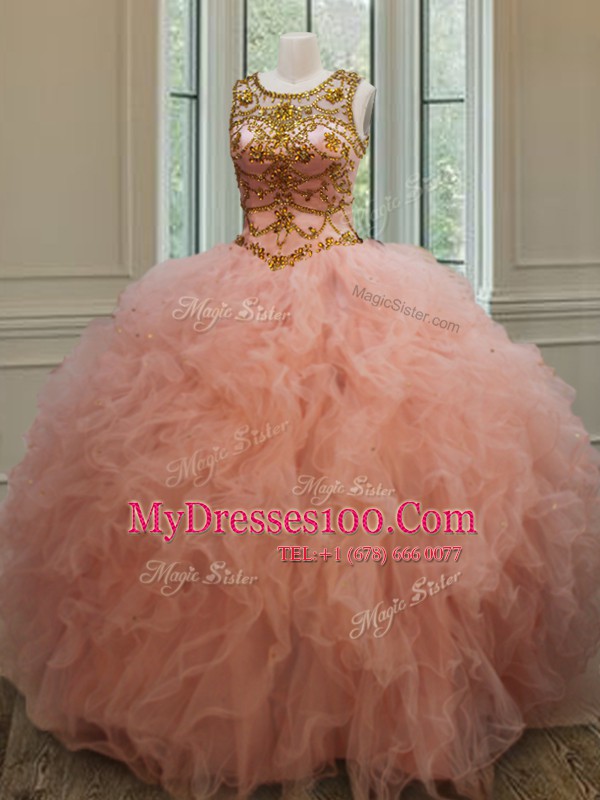 New Style Scoop See Through Peach Sleeveless Tulle Lace Up Vestidos de Quinceanera for Military Ball and Sweet 16 and Quinceanera