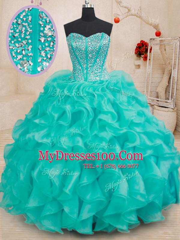 Trendy Sleeveless Floor Length Beading and Ruffles Lace Up Sweet 16 Dress with Turquoise