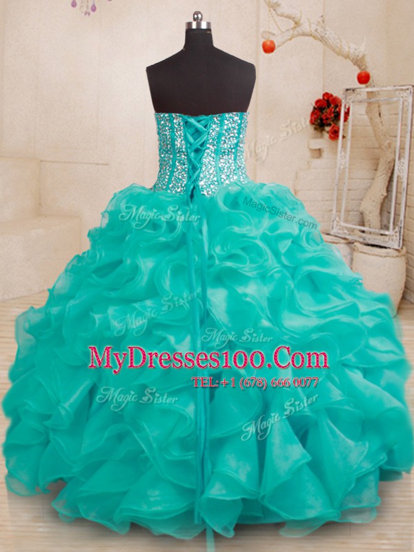 Trendy Sleeveless Floor Length Beading and Ruffles Lace Up Sweet 16 Dress with Turquoise