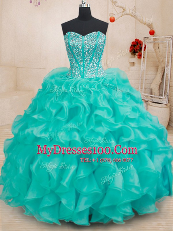 Trendy Sleeveless Floor Length Beading and Ruffles Lace Up Sweet 16 Dress with Turquoise