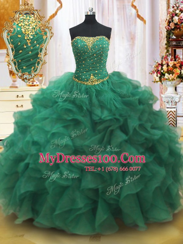 Dark Green Ball Gowns Strapless Sleeveless Organza Floor Length Lace Up Beading and Ruffles Ball Gown Prom Dress